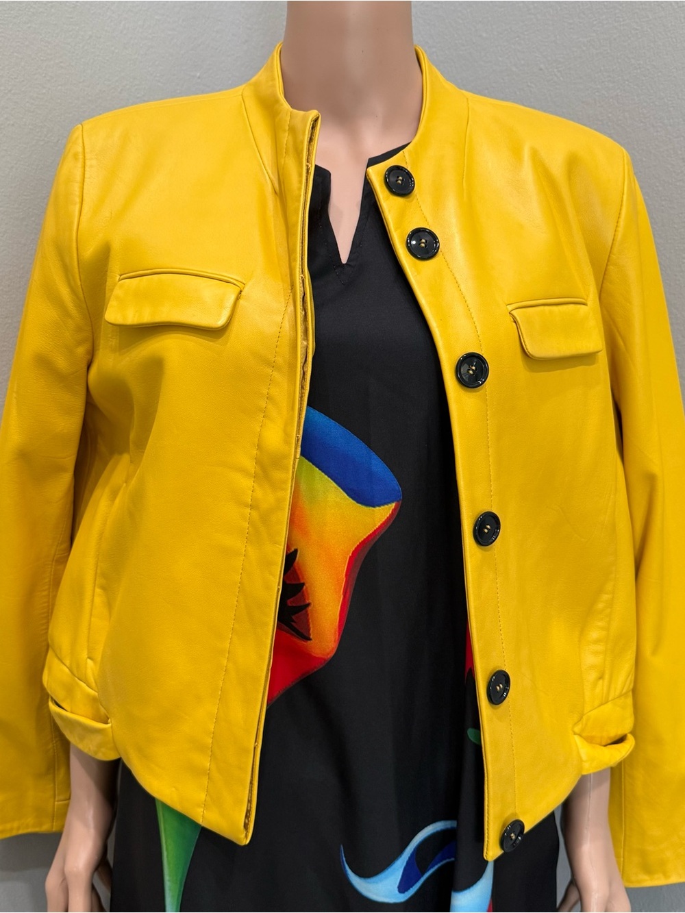 Anne Klein Bright Yellow Leather Button-Front Jacket